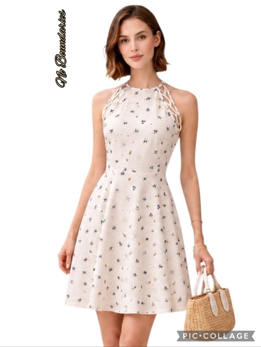 No Boundaries dress cream floral halter neckline fit n flair with flowing swing